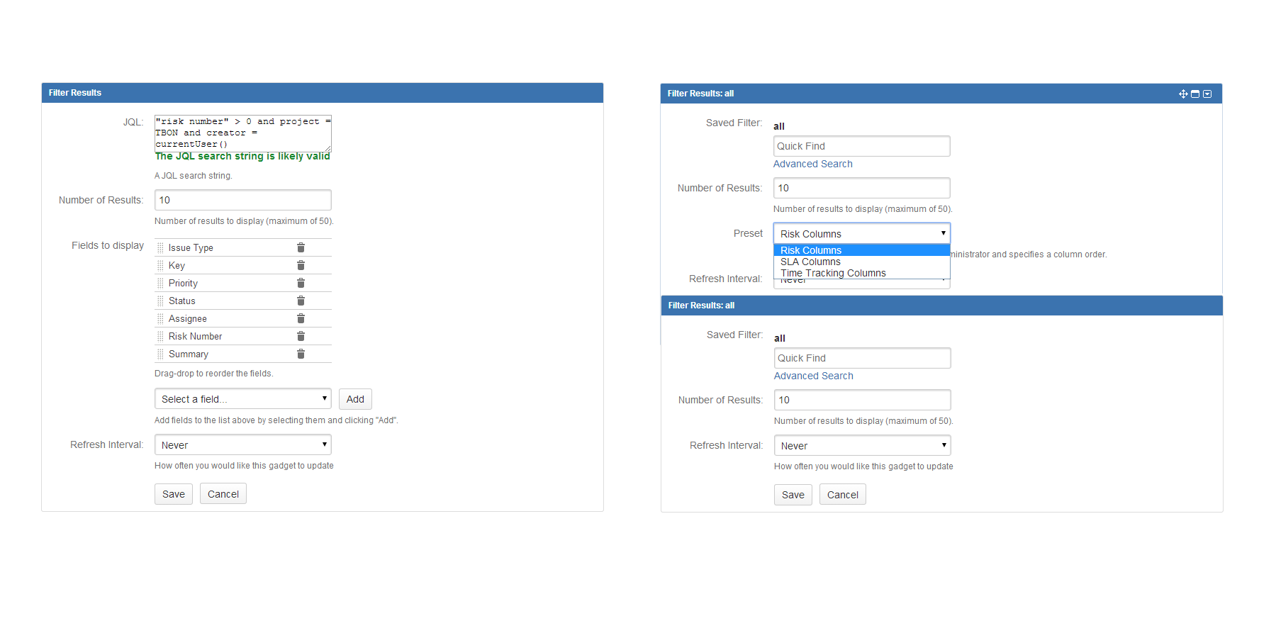 The JQL enabled Filter Results gadget.