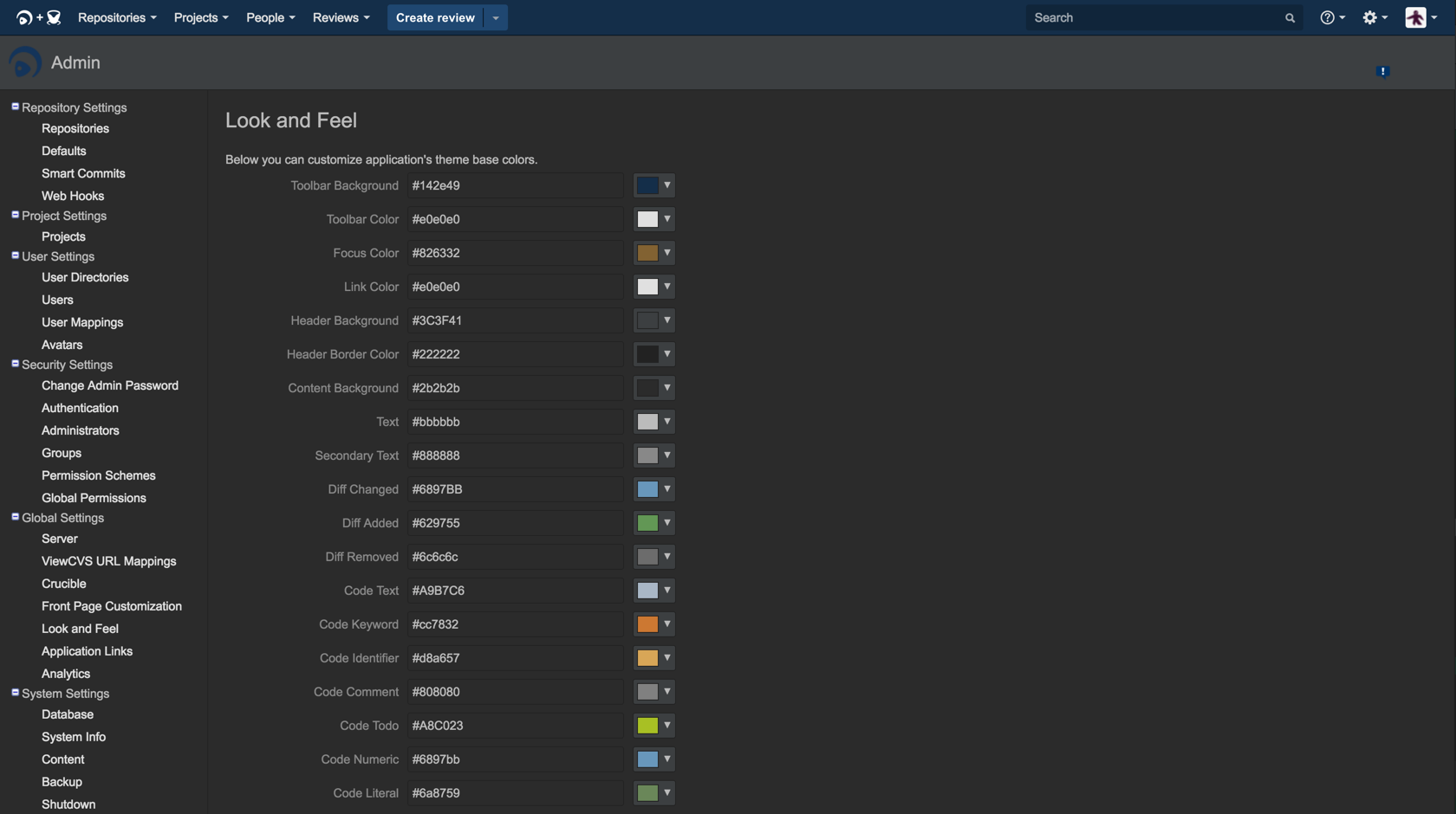 Admin page to customize Fisheye and Crucible style.
