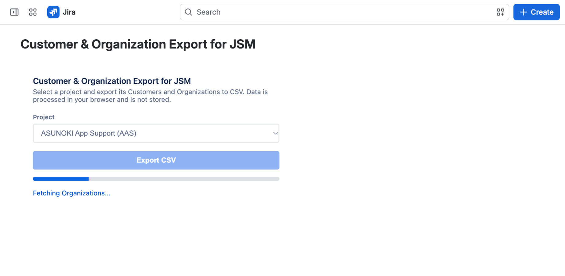 Export in progress: a progress bar is shown while the app fetches Customers and Organizations, before the CSV is generated.