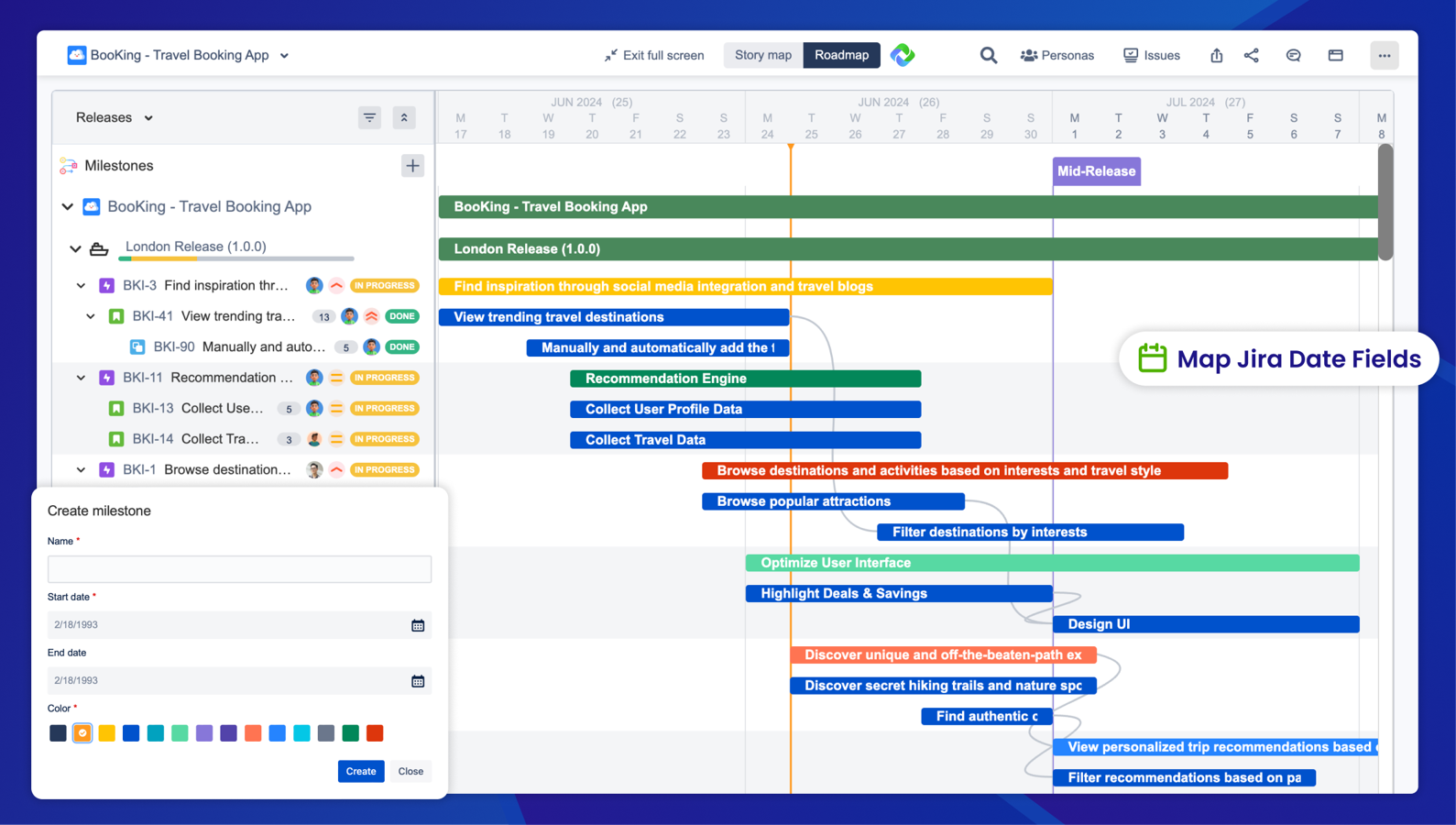 Confirm and plan the Release/Sprint roadmap in an interactive view & Map out project goals and milestones on a dynamic timeline