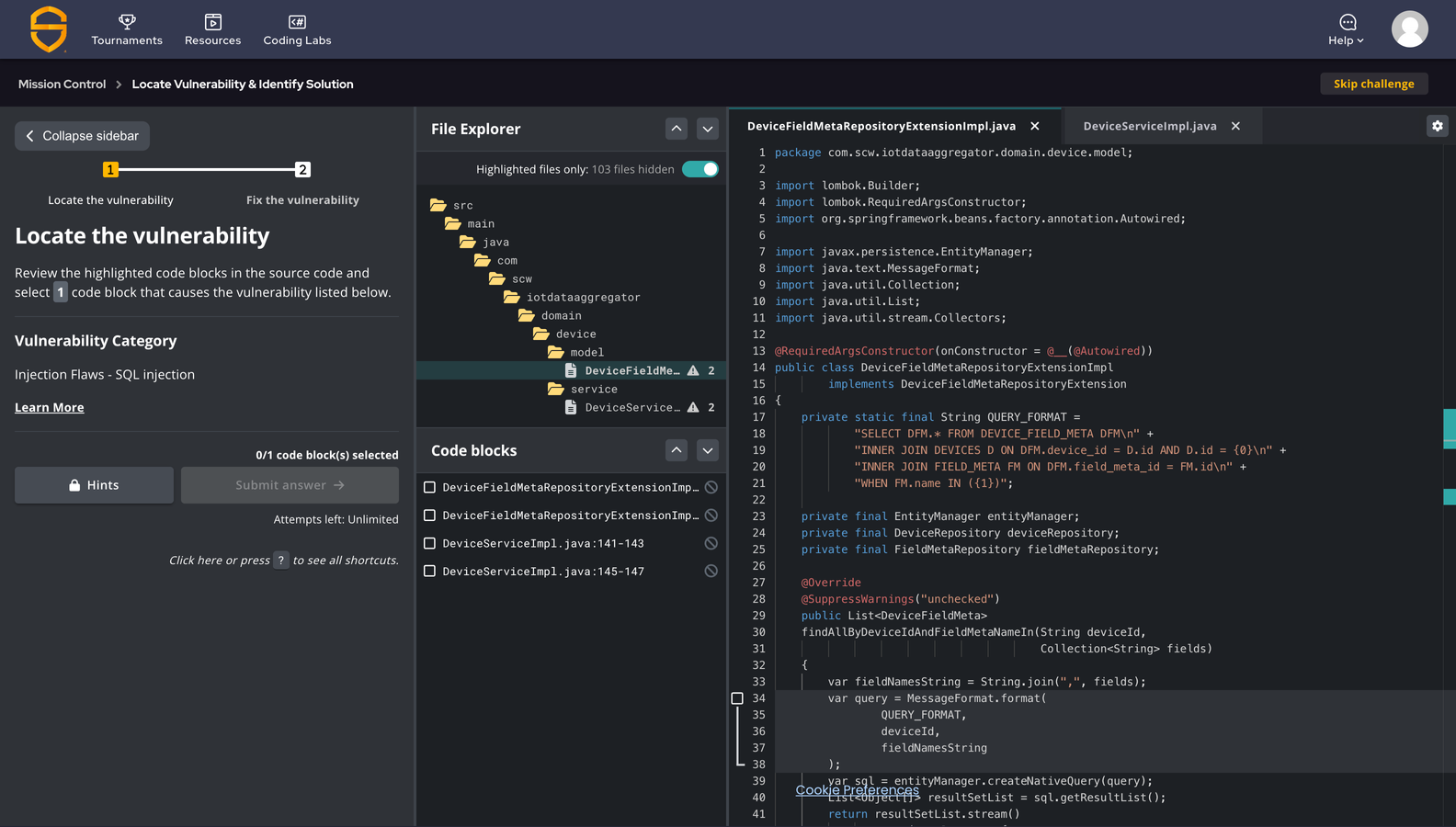 This screenshot shows an example of a coding challenge that will be accessible on the Secure Code Warrior platform