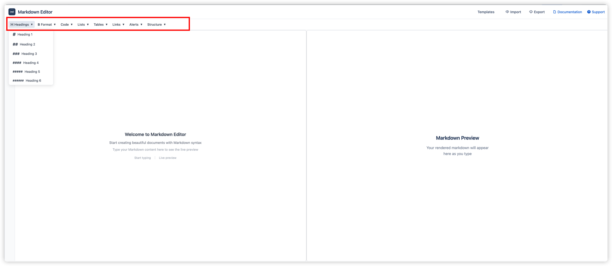 Quick-access toolbar featuring eight dropdown categories: Headings, Format, Code, Lists, Tables, Links, Alerts, and Structure—everything you need to create rich Markdown content.