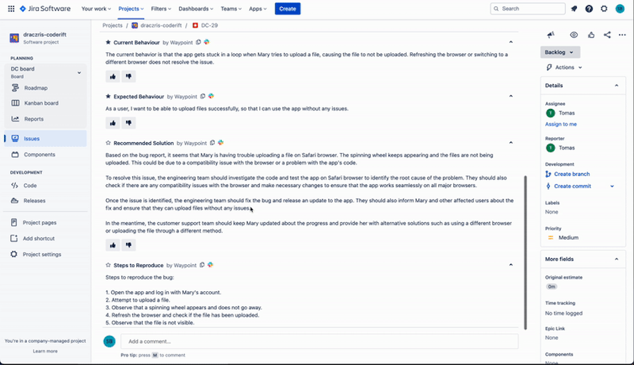 Waypoint automated Root Cause Analysis in Jira