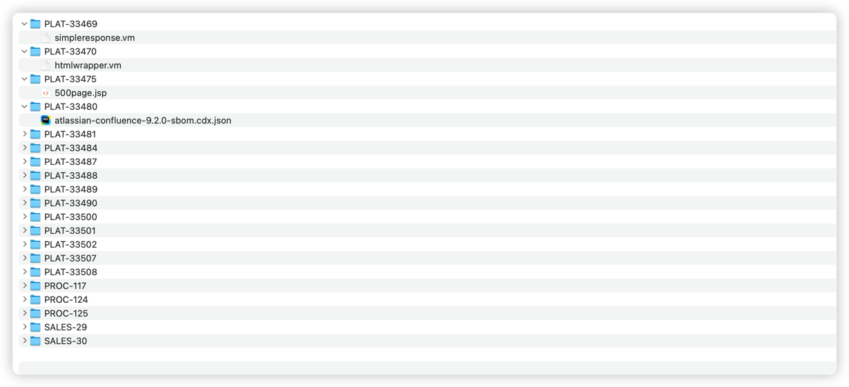 ZIP file extracted with subfolders named by issue key (e.g. PLAT-33480, PROC-117, SALES-30), each containing the corresponding attachments from that issue