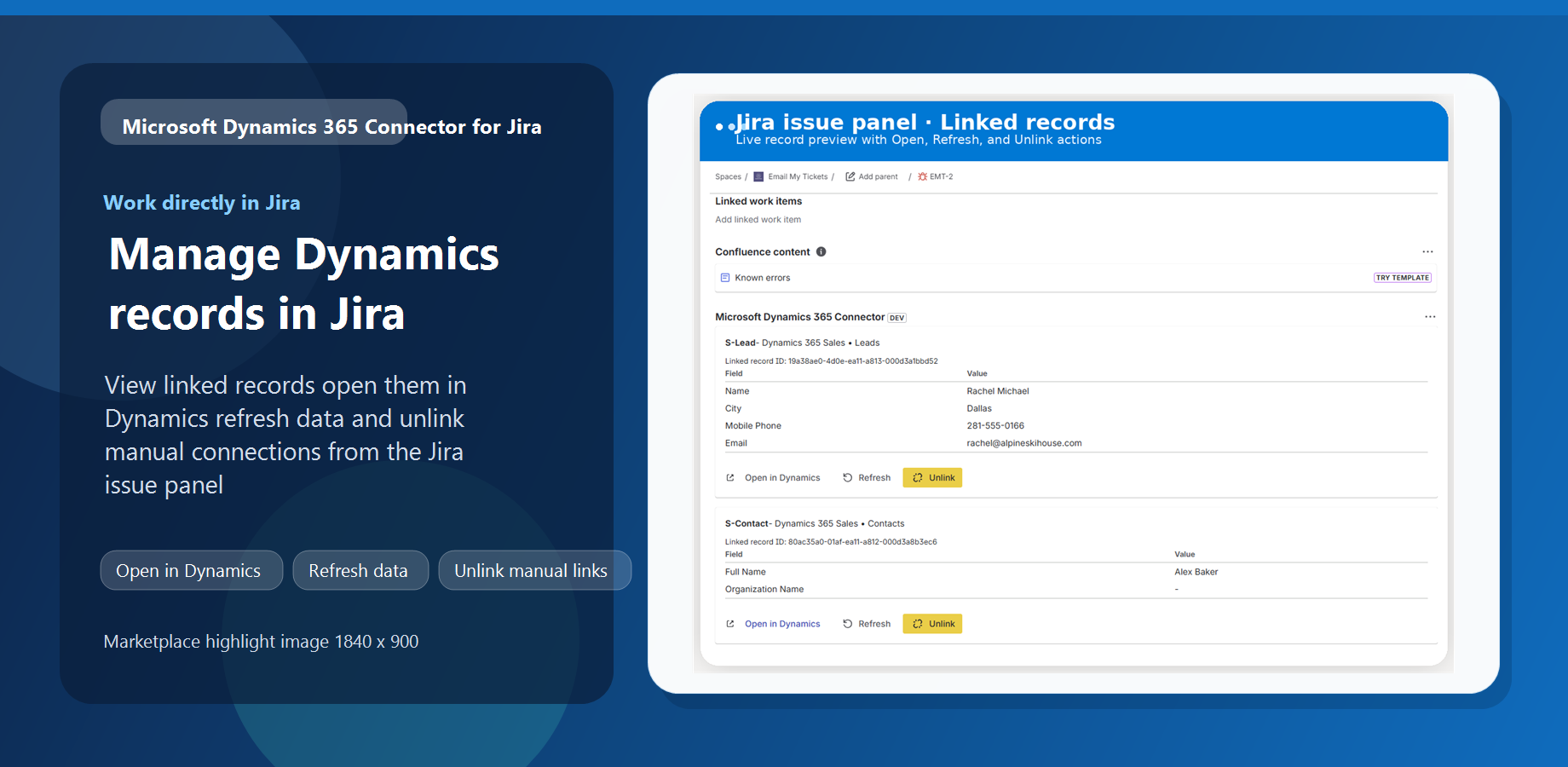 Jira issue panel showing linked Dynamics records with record details and Open Refresh and Unlink actions
