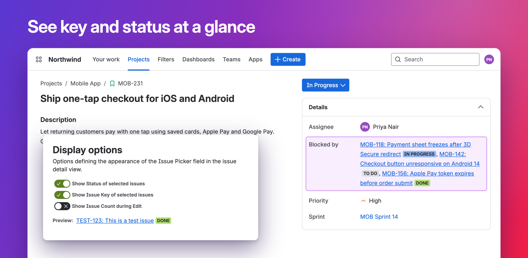 Display options with Show Status and Show Issue Key switched on, plus a live preview. On the story, the Blocked by field lists three bugs tagged In Progress, To Do and Done.