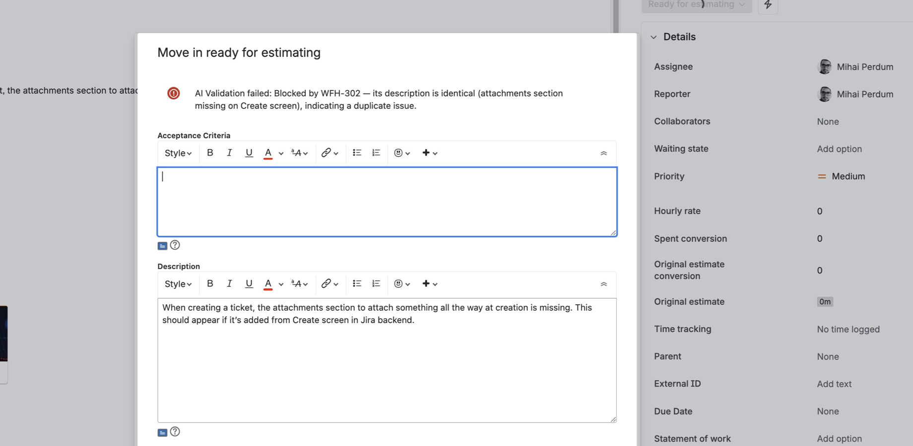 A Jira workflow transition blocked by CogniRunner after AI detected the issue description is identical to an existing ticket, preventing a duplicate from moving forward.