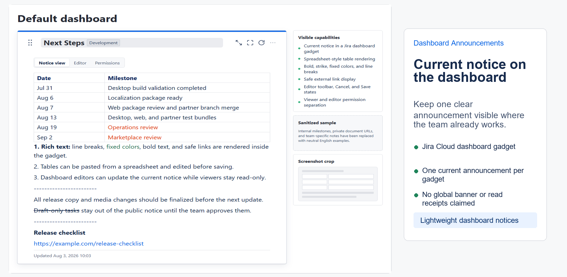 A dashboard gadget shows the current announcement with rich text, links, and table content.