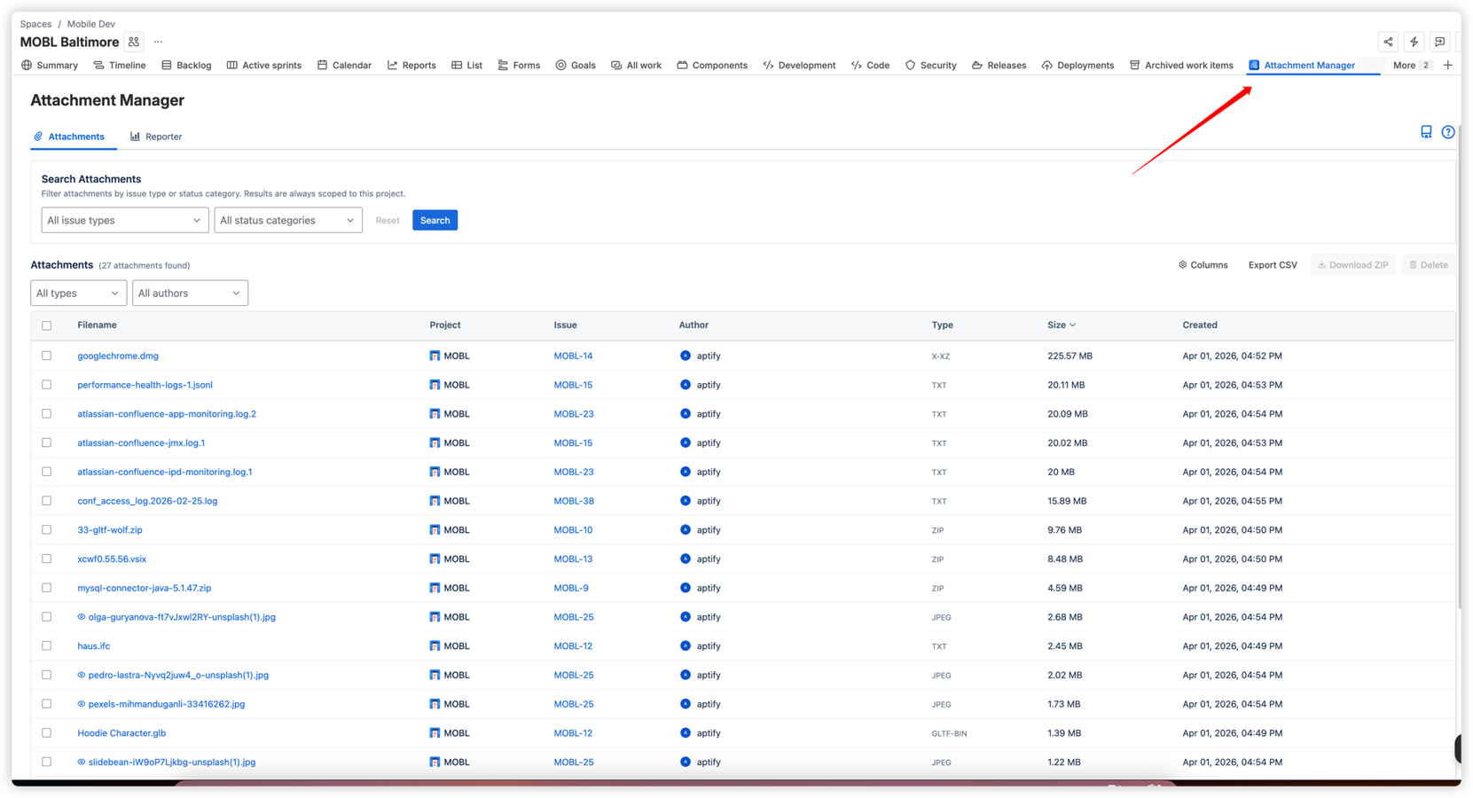 The project page automatically scopes search results to the current project. Filter by issue type and status category, then select files for download, deletion, or CSV export