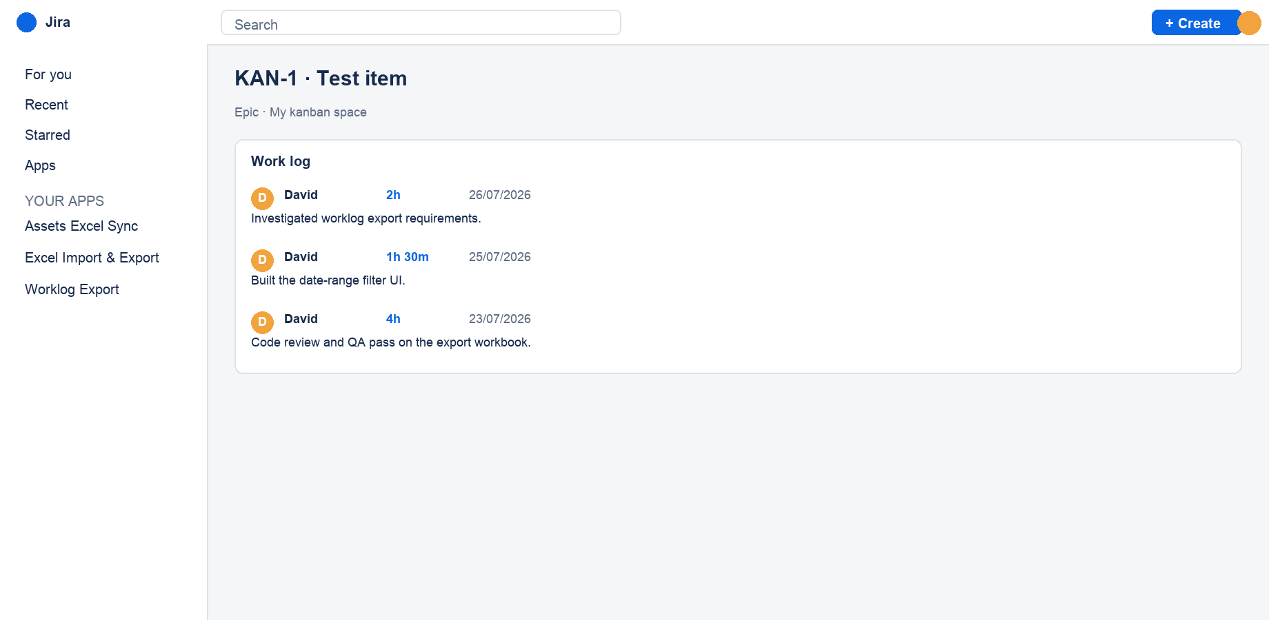 A Jira issue's Work log tab, the data the export sheets are built from.