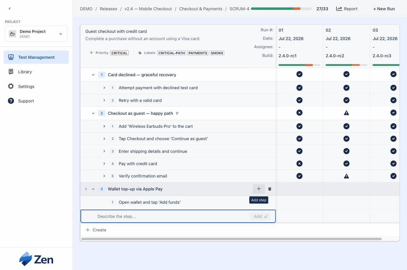 The single-page test view: cases and steps on the left, three runs on the right, each cell showing pass, fail, or blocked at a glance.