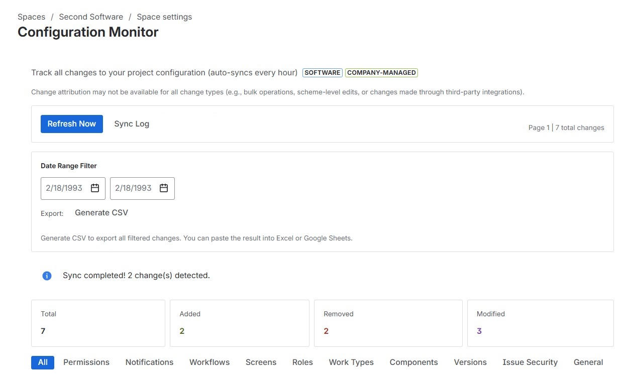 Dashboard overview with date range filter, CSV export, change stats, and section filters on a company-managed Software project