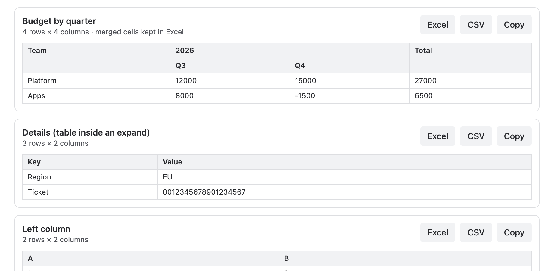 Preview merged table headers and long text IDs before downloading as Excel.
