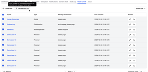 A daily scan finds spaces where the app is missing archive or delete permission. Fix a gap in one click before automation or a bulk action fails there.