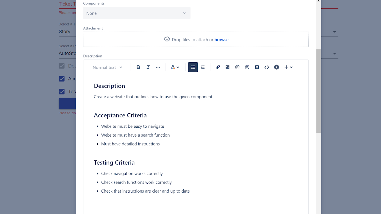AutoStory generates the description, acceptance criteria, and testing criteria based on the title you input through ChatGPT Language Models AI.