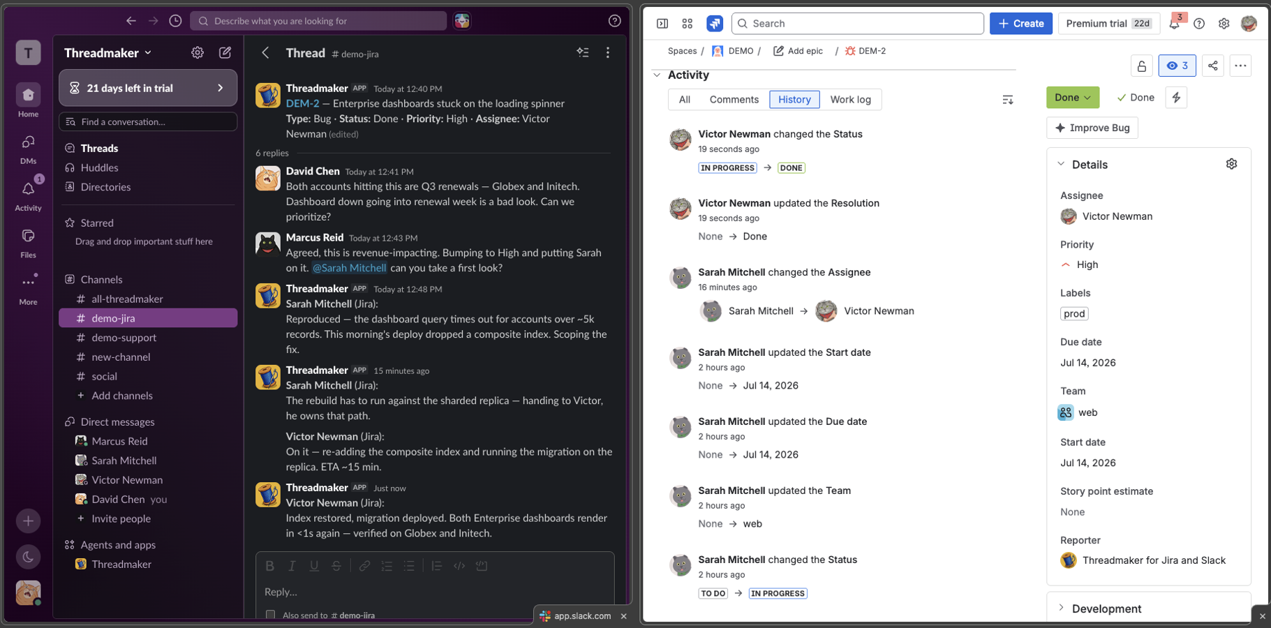 The thread summary shows the ticket's live status, priority, and assignee — updated automatically as it moves