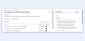 MailView in the right column of a work item: three emails about one invoice, one marked as suspicious.