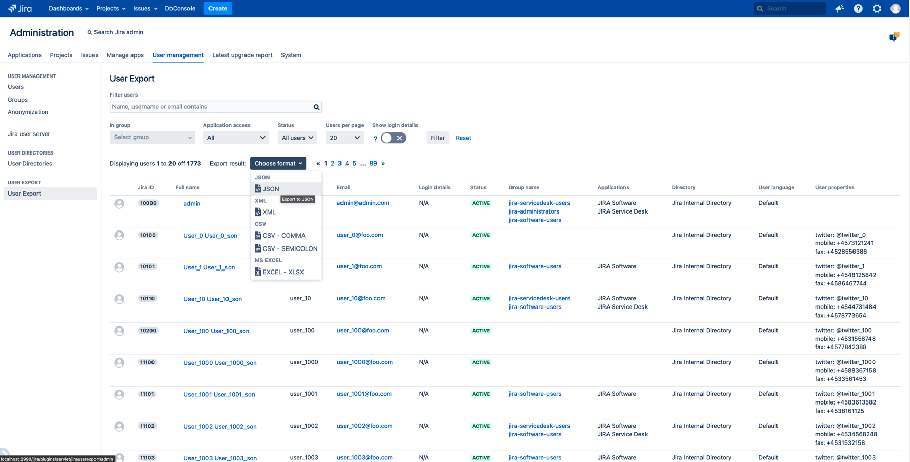 User Export for Jira formats