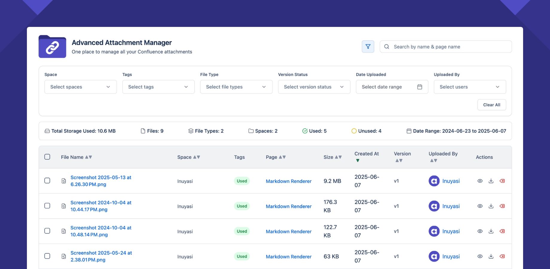 Quickly locate and act on files with powerful filters by space, page, uploader, tags, or type — all from one clean, user-friendly interface