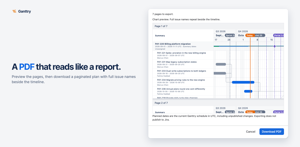 Preview the pages, then download a paginated PDF with full issue names beside the timeline.
