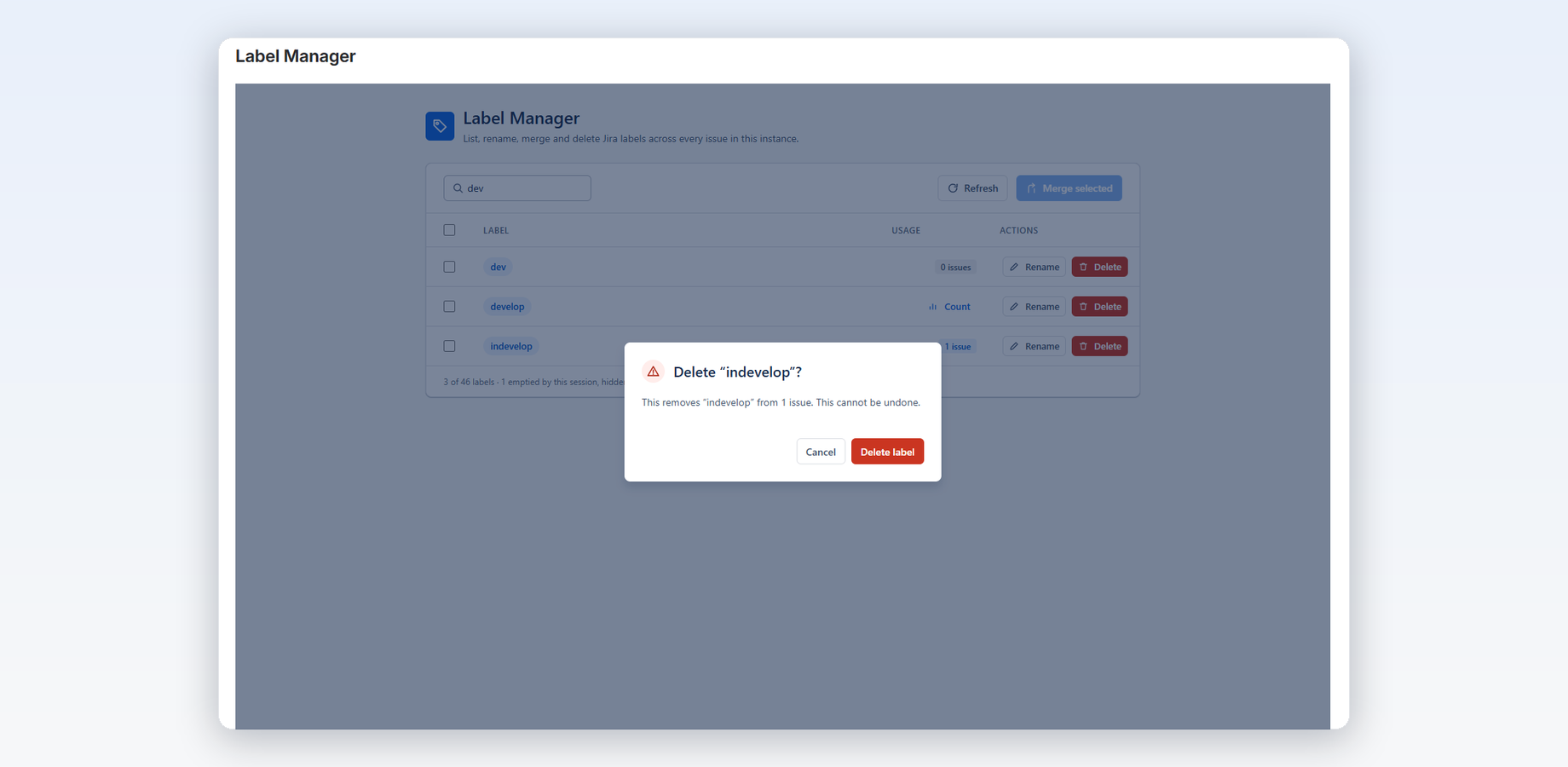Deleting a label removes it from all issues. A confirmation dialog shows the impact — how many issues are affected — before anything changes.