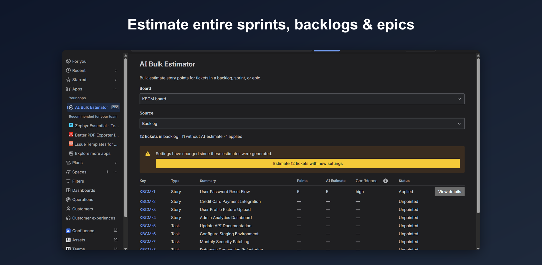 The bulk estimator showing a backlog with AI estimates, confidence levels, and per-ticket status