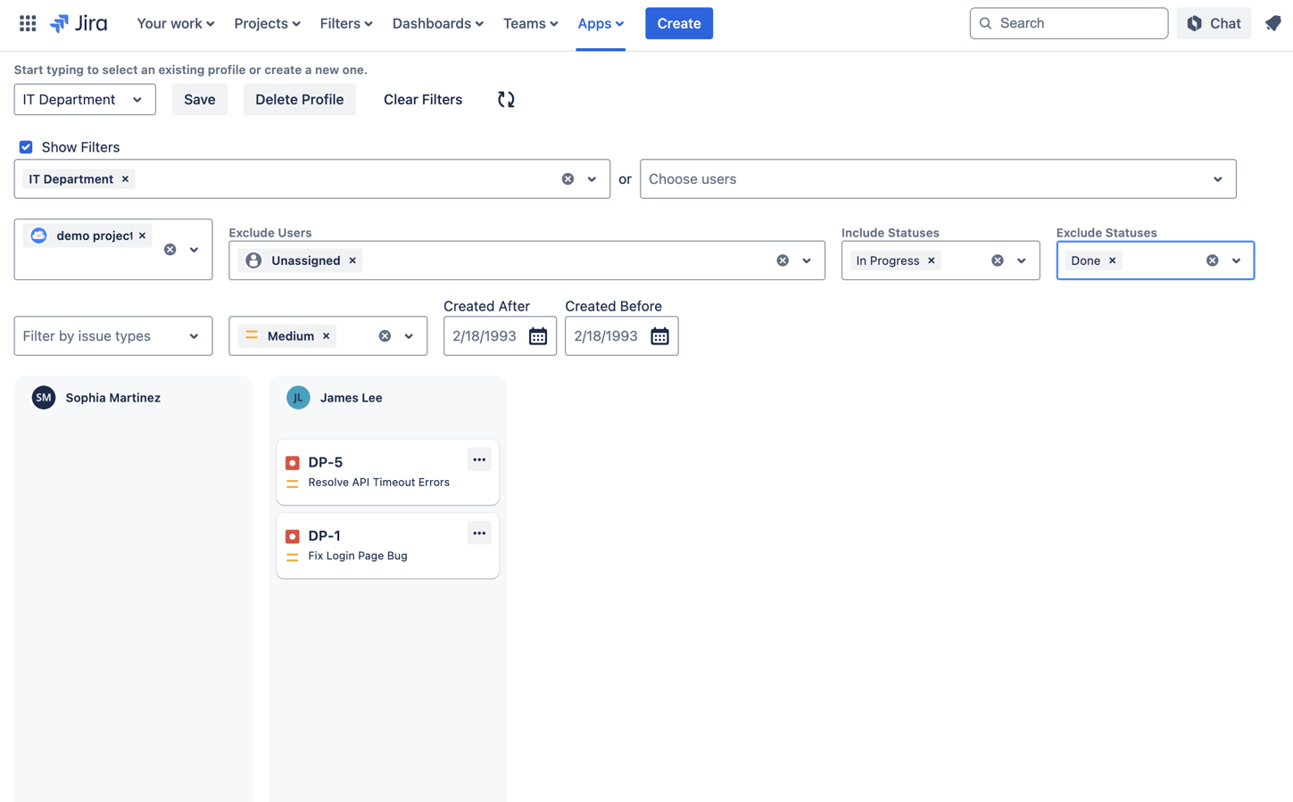 Filter Jira tickets by project, priority, or issue type to streamline workload management in Jira.