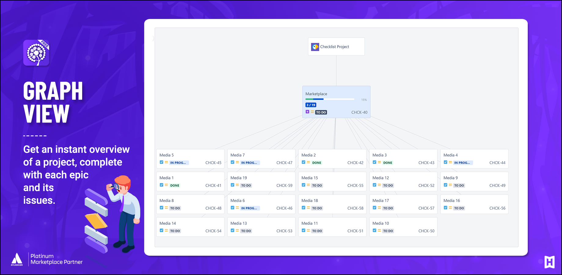 Get an overview of Jira epics. Show or hide the epic’s stories and tasks in one click. Generate an overview report.