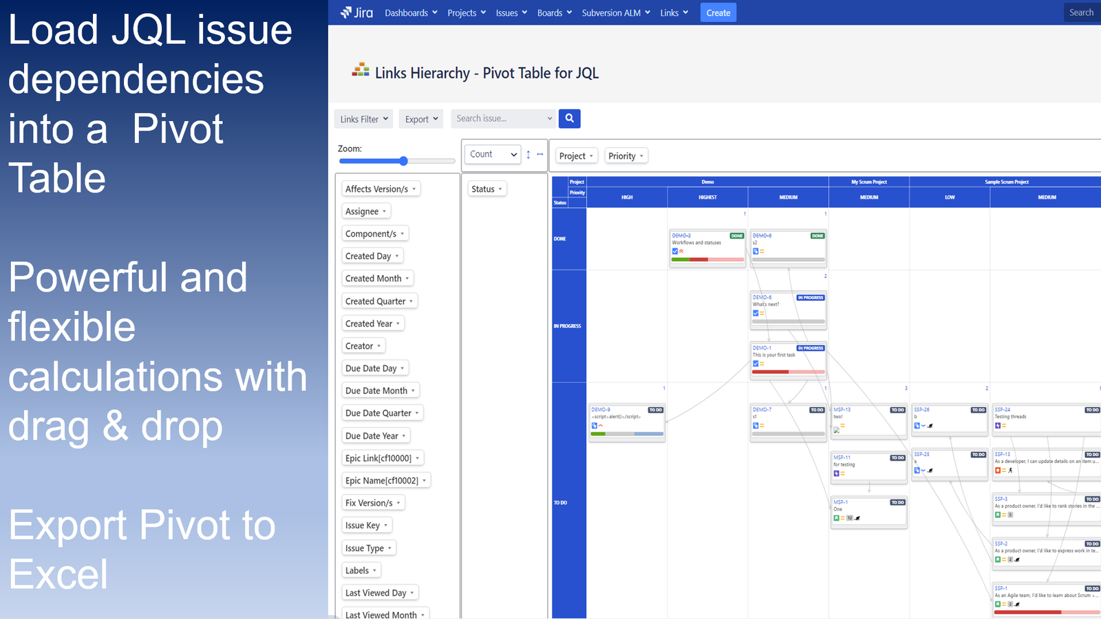 View JQL queries and their dependencies at a glance loaded into a full-featured pivot table for reporting & analytics with drag & drop and export to Excel.

...or load a hierarchy into the pivot for further insights!