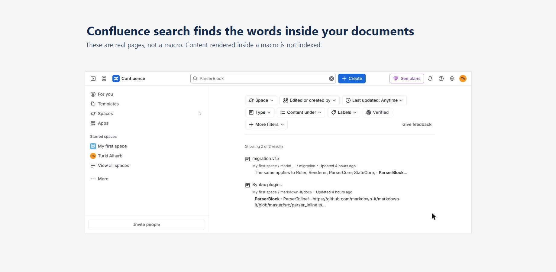 A search for a word from inside a file, returning both pages that contain it