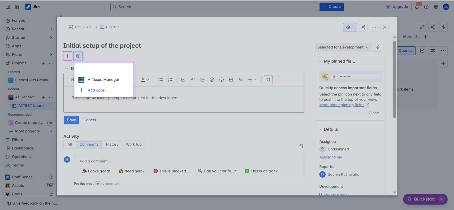 Instantly launch the AI Issue Manager from the issue view to automate titles, labels, summaries, blockers, and more