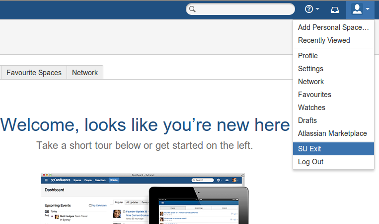 Shows the SU-exit link available in the user drop-down menu.