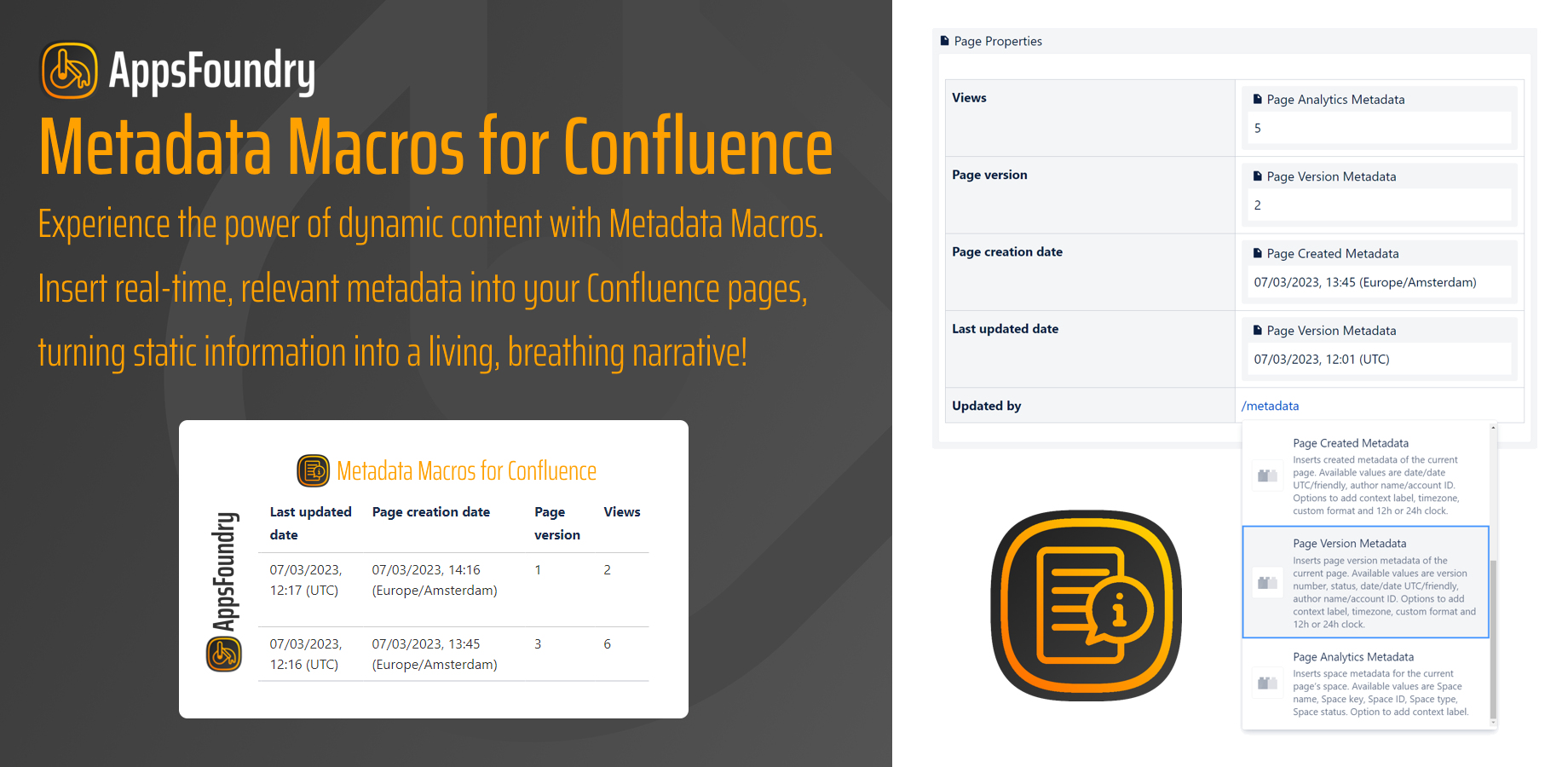 Experience the power of dynamic content with Metadata Macros. Insert real-time, relevant metadata into your Confluence pages, turning static information into a living, breathing narrative!