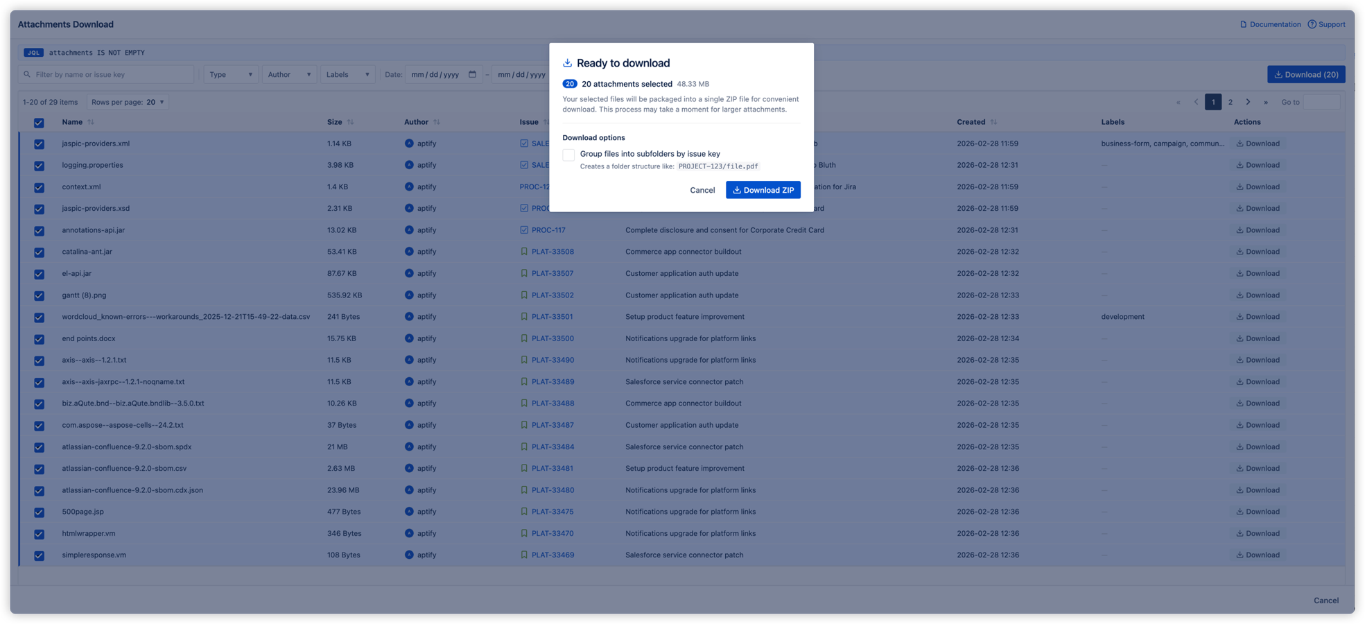 The download confirmation dialog showing 20 selected attachments totaling 48.33 MB, with the option to group files into subfolders by issue key before downloading as ZIP