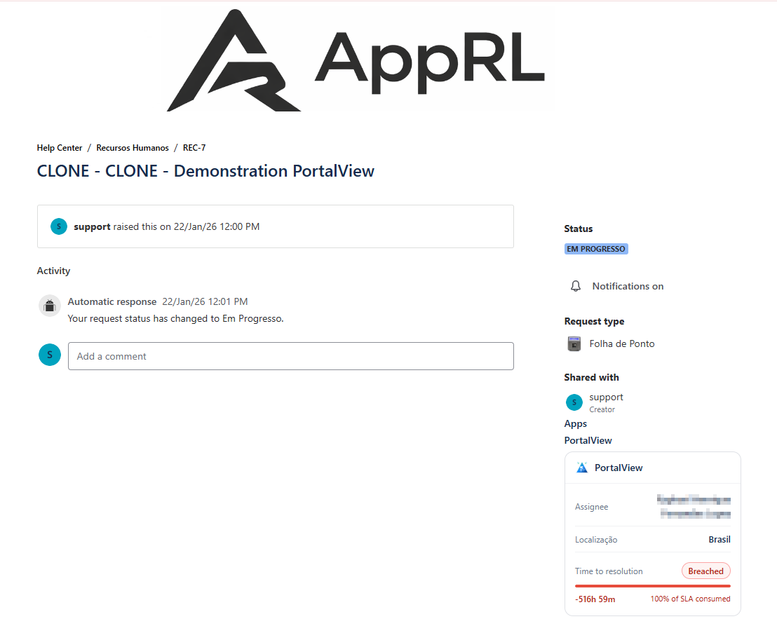Example of the Jira Service Management customer portal showing request details and selected Jira fields clearly displayed to the end user.