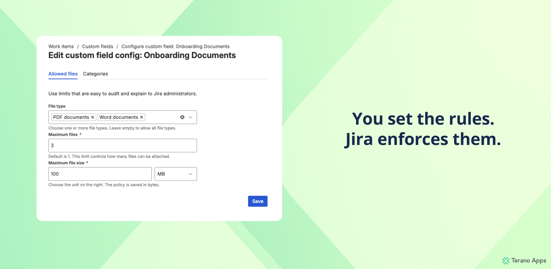 Editing the custom field configuration — the Allowed files form with settings for allowed file type, maximum number of files, and maximum file size.
