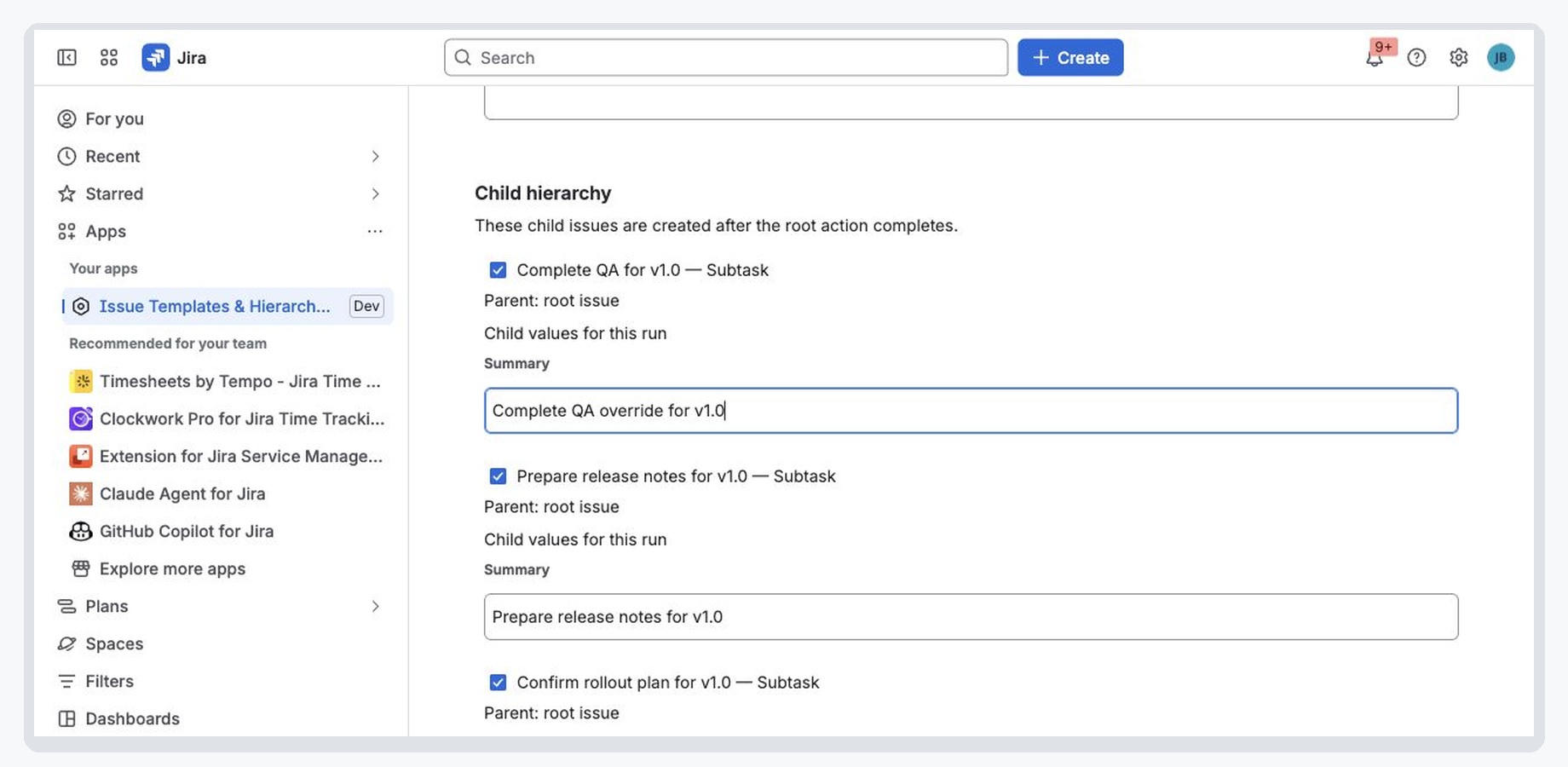 A release workflow resolves the version input and shows every selected subtask before Jira creates anything.
