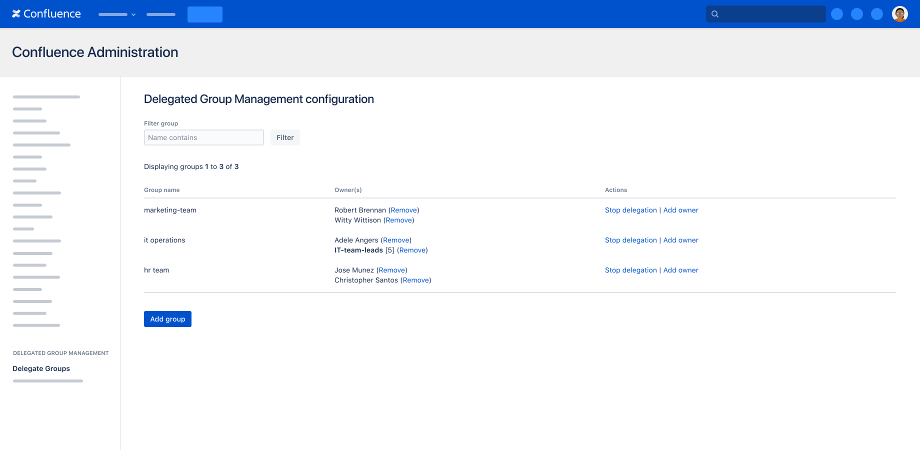 Select the user groups you would like to delegate ownership to in Confluence and empower select trusted users or groups to manage them. Stay in control by adding and removing delegation power as your needs change.
