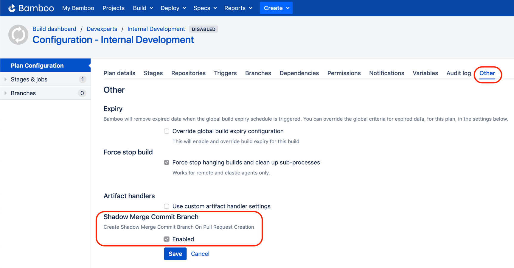 Enable branch creation for shadow merge commit in plan configuration