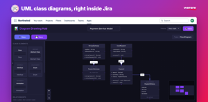 Build UML class diagrams in Jira. Add classes, abstract classes, interfaces, enums, and annotations with typed fields and methods, then link them with 7 relationship types such as extends, implements, and uses.