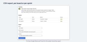 The CSV export on the project's settings page: one row per sprint for a board, or one row per issue for a sprint, in the number format your spreadsheet expects.