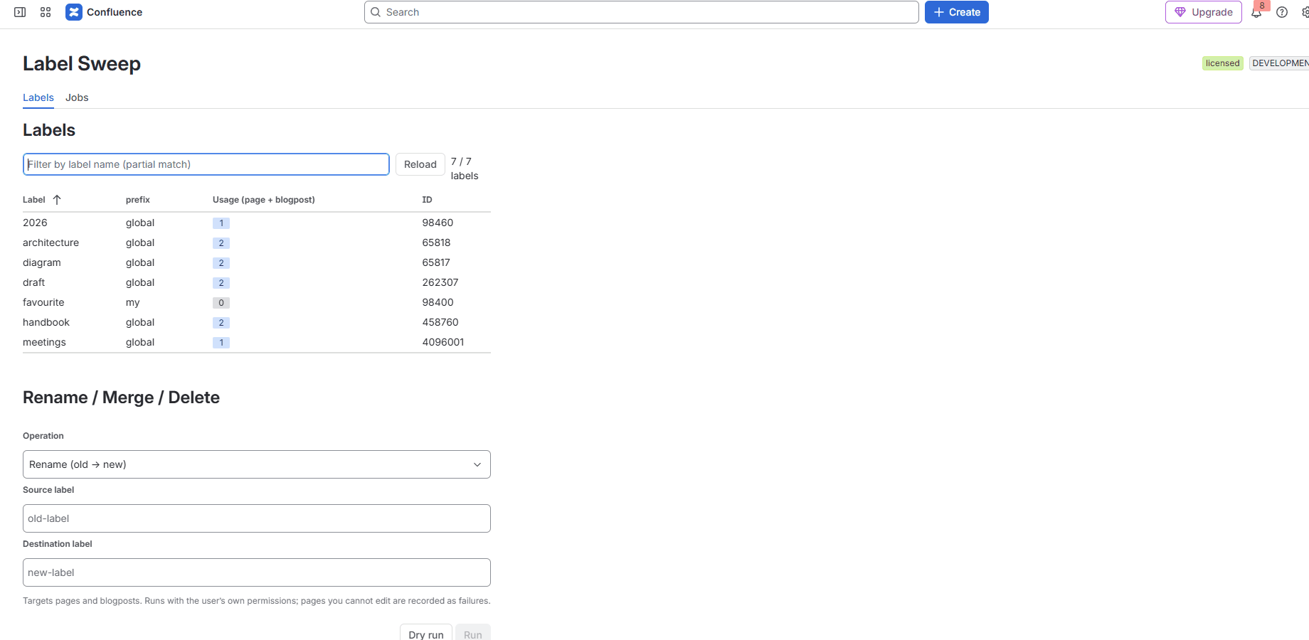 The Labels tab: every label on the site with prefix, usage count and ID.