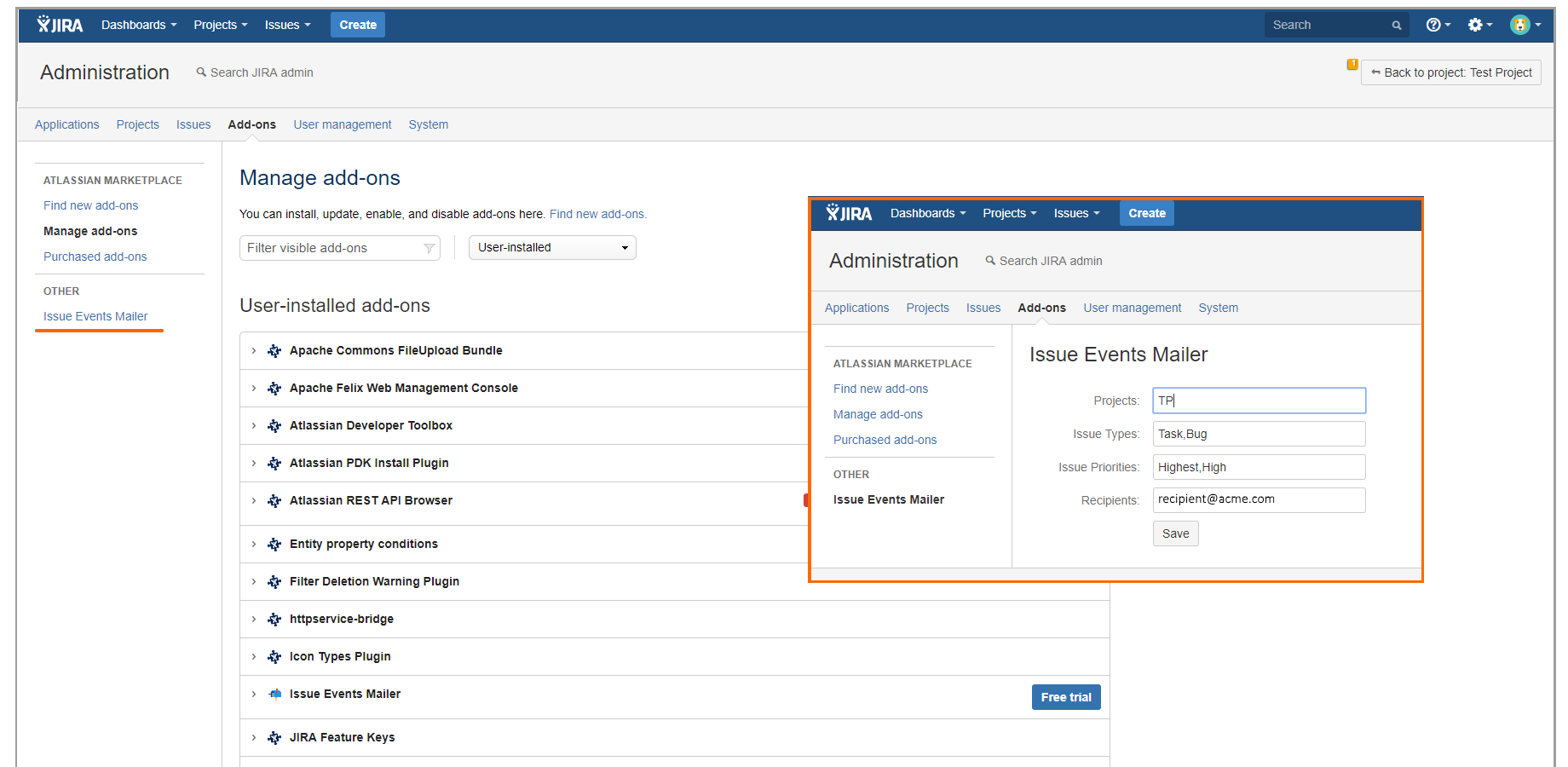 Administrative UI with a sample configuration.