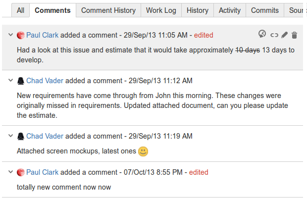 The Comment tab showing the addition of a history icon (left most icon).  Clicking on this icon will open a popup dialog showing the Comments history.