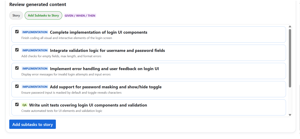AI Scrum Assistant converts generated requirements into implementation and QA subtasks your team can review, select, and add to the Jira story in one step.