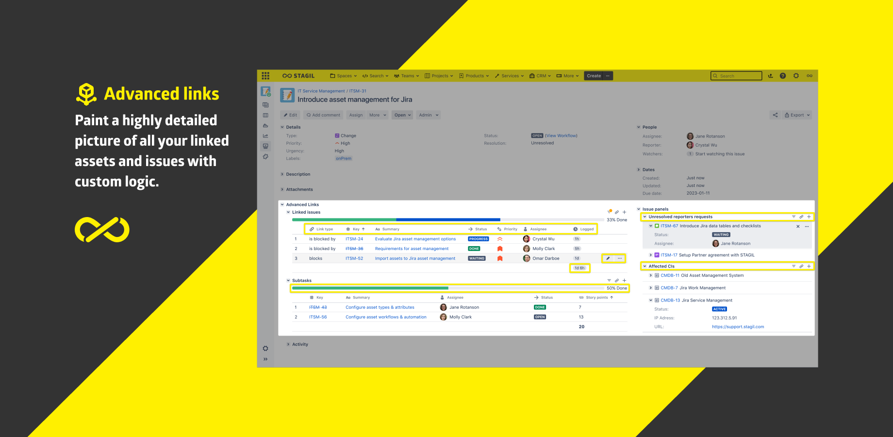 Create your business data model inside Jira. Visualize your issue links and drill through different dependency levels. See how your CMDB connects to your ITSM, CRM and HR or visualize org charts and project hierarchies.​
