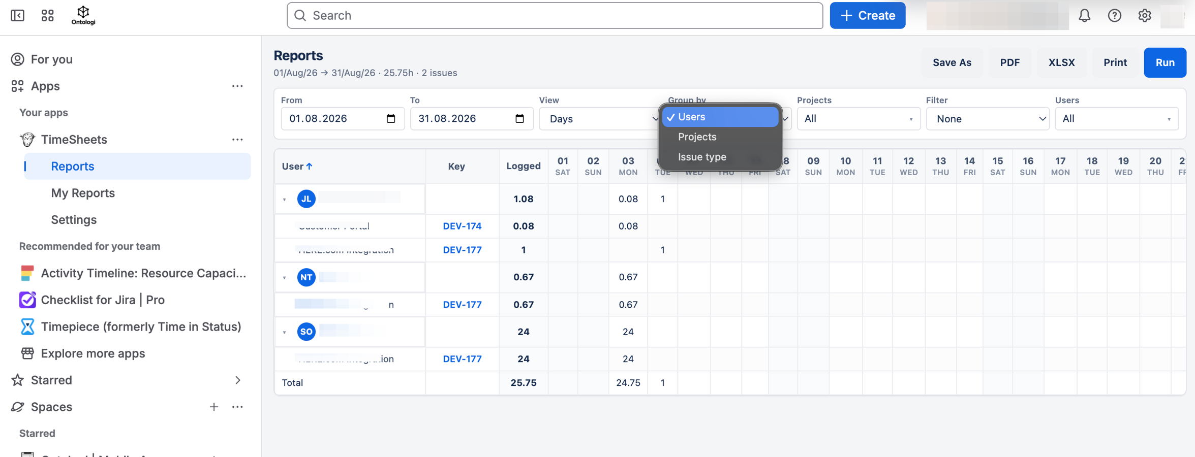 Generate customizable worklog reports and export them in multiple formats.