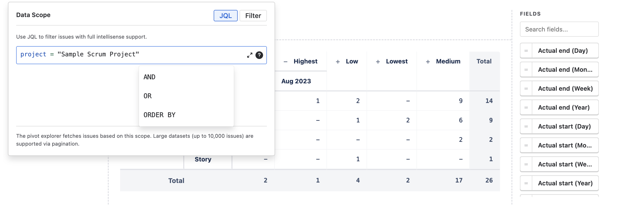 Live JQL filtering and automatic aggregations