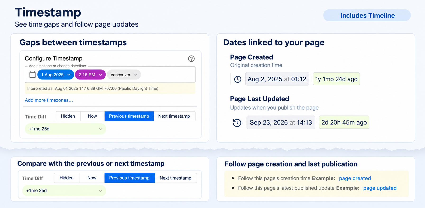 Previous and next timestamp comparisons, plus page creation and last updated times.
