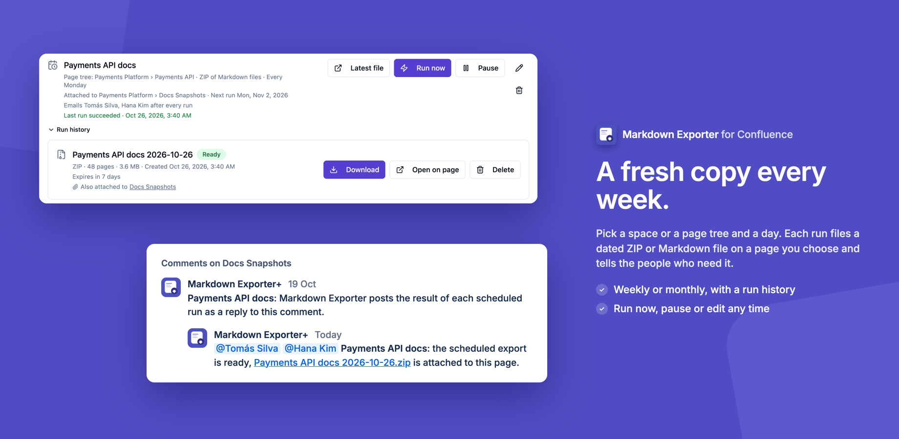 A weekly schedule and the comment it posts on the archive page